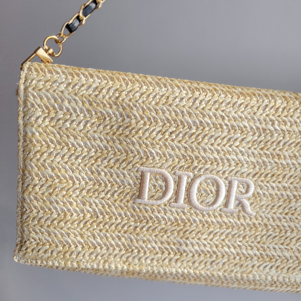 Authentic DIOR Raffia Clutch Handbag • Woven Straw • Chain Strap • Travel Purse - Picture 7 of 8